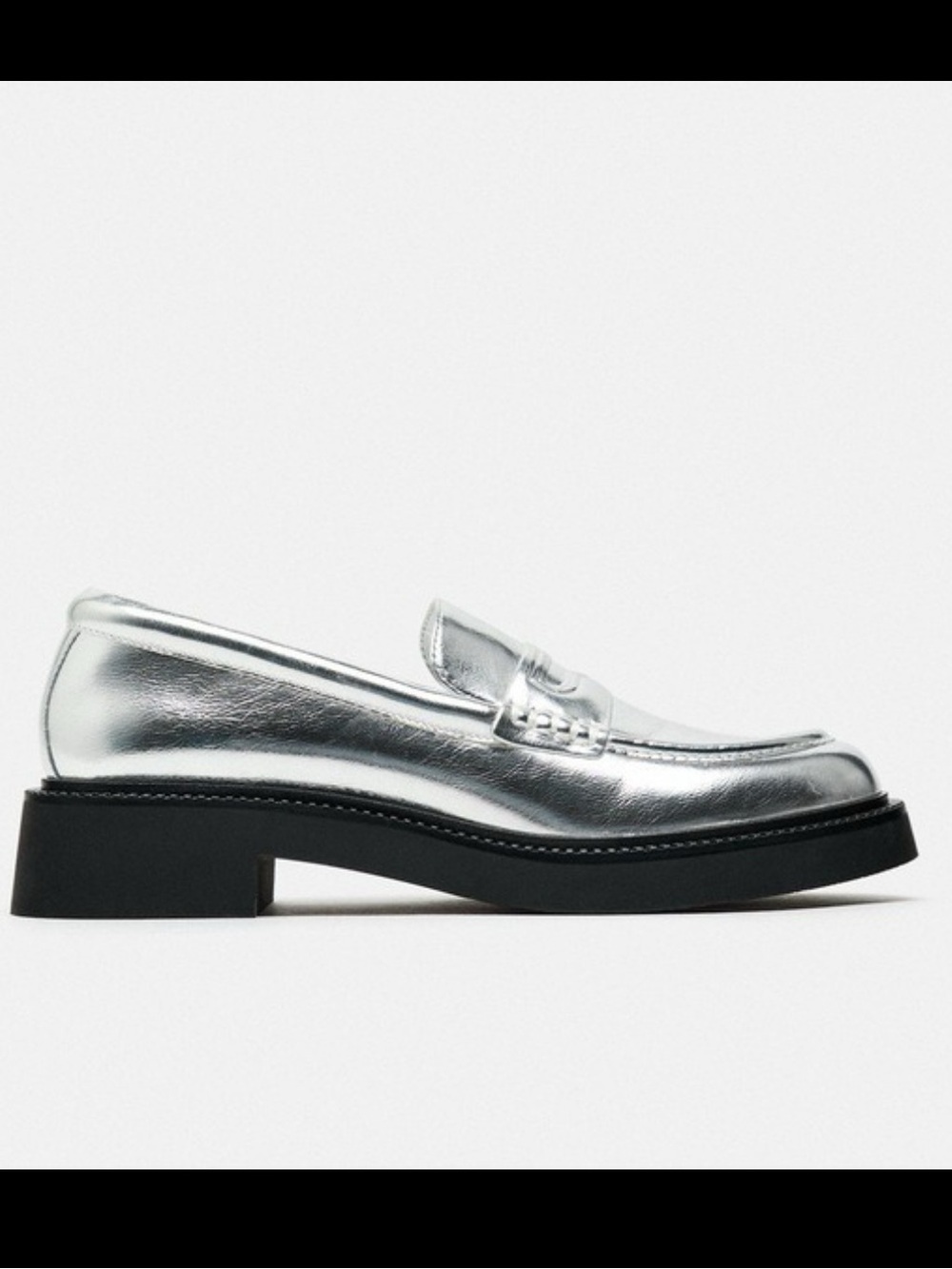 ZARA Silver Metallic Penny Loafers, Chunky Rubber Sole, Size 7.5, Excellent Cond